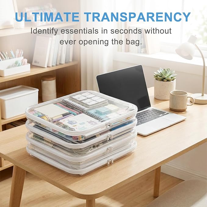 4 Pack Clear Hard Shell Zipper Case, Clear Zipper Pouches for Organizing, Heavy Duty Travel Clothes Packing Cubes, Oversized Closet Storage & Big Toy Bins (4XL)
