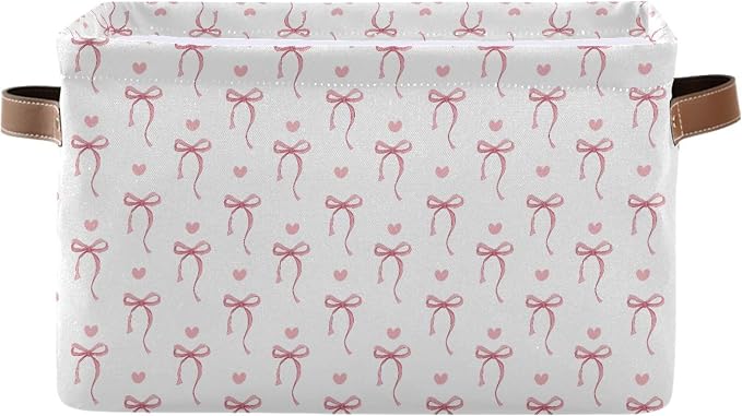 Wamika Pink Ribbon Bow Storage Basket with Waterproof Liner and PU Handles White Bow Tie Cute Storage Bins Boxes 14.2" Collapsible Decorative Organizer Baskets for Bedroom Closet Office 1 Pack