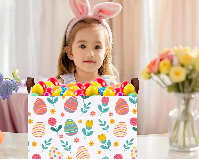 Large Rectangular Easter Baskets Empty Waterproof Boy Toy Box Foldable Kid's Gifts Storage Bin Spring Room Decor(Rose Egg)