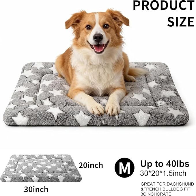 Dog Crate Mat, 4 Piece Reversible Pet Bed, Polyester, Machine Washable, Small Dogs & Cats, Rectangular(Gray Star, 30" L x 20" W x 1.5" Th)