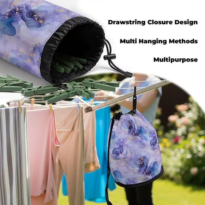 Clothespin Bag with Hooks Purple Blue Floral Hanging Clothes Pin Bag with Drawstring Closure Clothespin Holder, Moisture Resistance, Storage Organizer, Machine Washable
