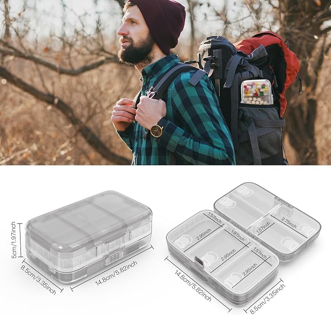 FYY Travel Pill Organizer, Large Weekly Medicine Pill Organizer-Grey | Airtight Moistureproof Medicine Case, Easy to Use, 8 Compartment Pill Box for Vitamins, Fish Oil, Supplements, Mini First Aid