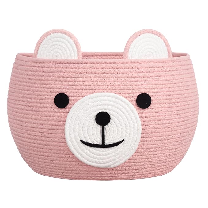 CherryNow Large Baby Basket for Gifts Empty, Cute Bear Design, Brght Pink | 15.7" x 10.5" Baby Shower Basket for Kids Boys Newborn Storage, Woven Rope Toy Basket, Fits Living Room Nursery Décor