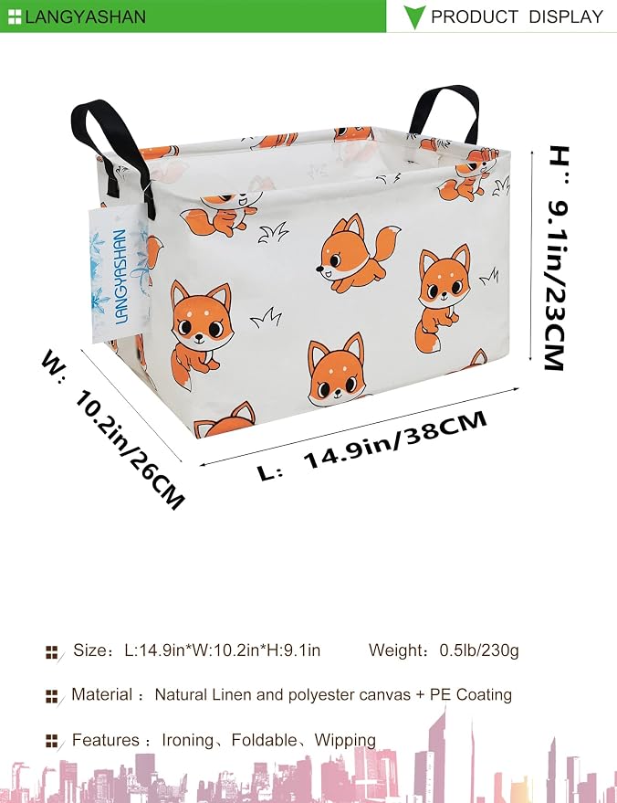Rectangular Collapsible Storage Basket Nursery Organizer Fox | Storage Bin Foldable Canvas with Handles for Organizing Home Kitchen Children Toys Office Closet Shelf Baskets