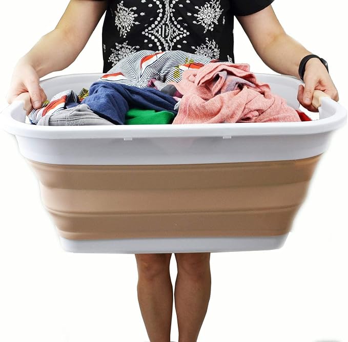 SAMMART 41L (10.8 gallon) Collapsible Plastic Laundry Basket - Foldable Pop Up Storage Container/Organizer - Portable Washing Tub - Water capacity: 32L (8.4 gallon) (Rectangular, White/Beige)