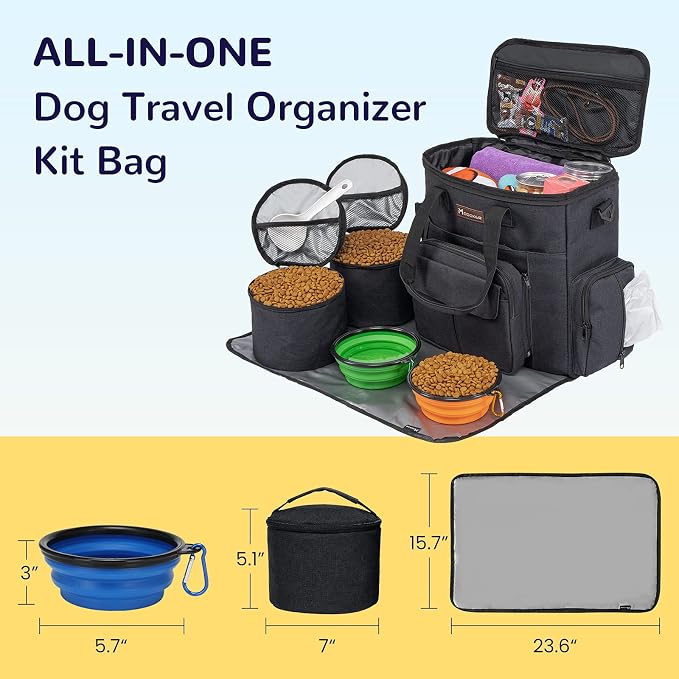 Modoker Dog Travel Bag with 2 Collapsible Dog Bowls, 1 Dog Backpack, Airline Approved Pet Travel BagOrganizer for Supplies & Accessories, 2 Travel Dog Food Container, Black | Dog travel accessories set with feeding supplies, bowls, mat, and strap. Idea...