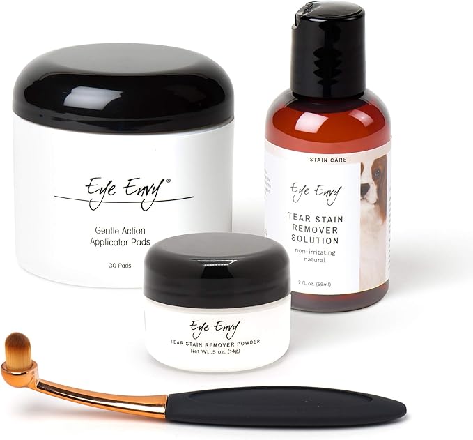 Eye Envy Dog Tear Stain Remover Starter Kit with ProPowder Brush | Stain Solution, Applicator Pads, Stain Powder and Small Applicator Brush | Lasts 30-45 Days