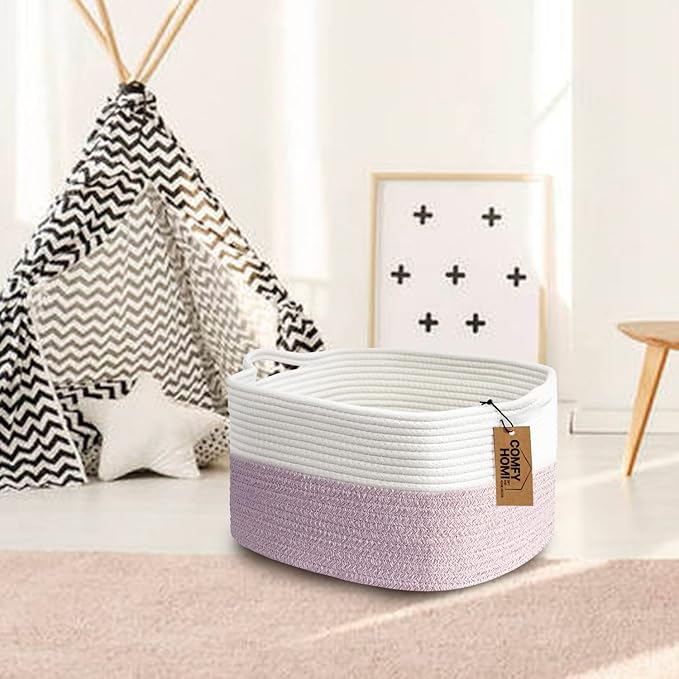 COMFY-HOMI Cotton Rope Woven Basket with Handles for Shelves,Toys,Book, Cloth Storage Baskets Bin for Organizing- 1 PCSToy Decorative Organizer for Living Room, Bathroom