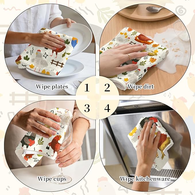 Chicken Kitchen Towels, 2 Pcs Chicken Dish Towels, Rooster Dish Towels for Kitchen Drying Absorbent, Rooster Dish Towel Decor Dishcloths Funny Cute Housewarming Gifts for Women