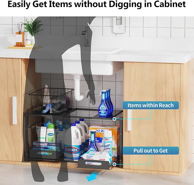 iSPECLE Under Sink Organizer - 2 Tier Expandable for 22" to 32" Wide Sink | Expandable Width, Easy Access, 2 Tier Space, For 22-32 Inch Sink Cabinet, Height Adjustable, Carbon Steel, Black, Fit, Use