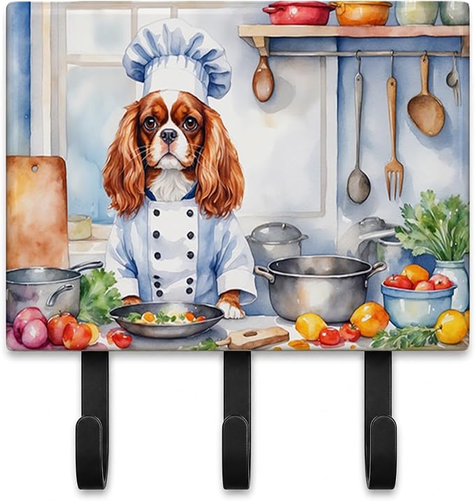 Caroline's Treasures Cavalier Spaniel The Chef Leash or Key Holder Wall Hooks, Key Hooks Holder, Coat Rack Wall Mount, Coat Hooks, Hooks for Hanging Keys, Towels, Aprons, Leashes | Cavalier Spaniel The Chef artwork on ceramic tile with three steel hook...