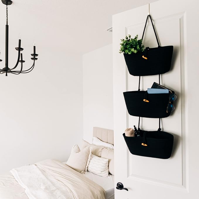 OrganiHaus Over the Door Organizer, Woven Rope Hanging Baskets, 3-Tier | Cotton Wall Storage Basket For Nursery Decor, Entryway, Bathroom, Playroom Or Dorm, Mounts On Door Or Wall, Black