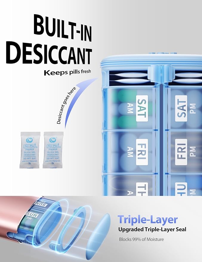 Vaydeer Large Metal AM PM Pill Organizer 7 Day, Moisture-Proof Desiccant | 2 Times a Day Pill Box with Triple-Layer Seal, Travel Pill Case for Fish Oil, Vitamins, Supplements and Medication
