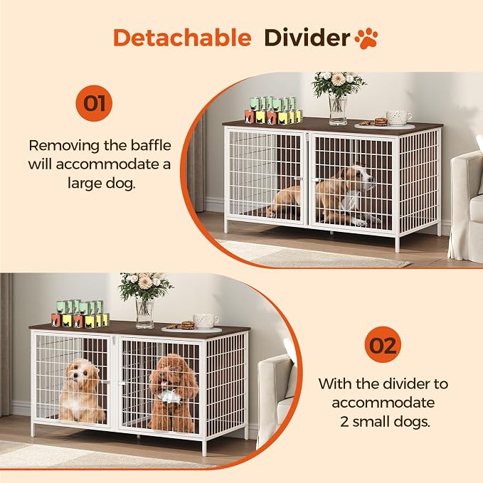 MAHANCRIS Dog Crate Furniture for 2 Dogs, 43.3" Dog Kennel with Removable Divider, Heavy Sturdy Dog Furniture Style Double Cage for Small Medium Dogs, Indoor Pet House End Table, White and Walnut