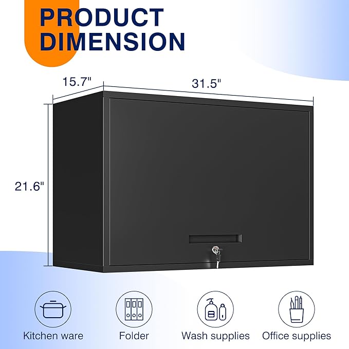 Metal Garage Wall Cabinet with Doors and Shelves, Wall Mounted Metal Storage Cabinet, Floating Garage Tool Cabinet for Garage, Basement, Kitchen, Warehouse (Black, 21.6" H)