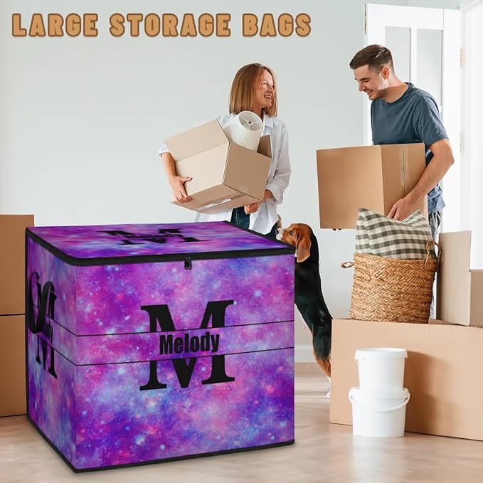 Custom Extra Large Storage Baskets Name with Lid, Personalized Initial Letter Storage Bins Basket Boxes Handles for Clothes Blanket Bedroom Closet Organizing Shelves, Watercolor Purple Universe