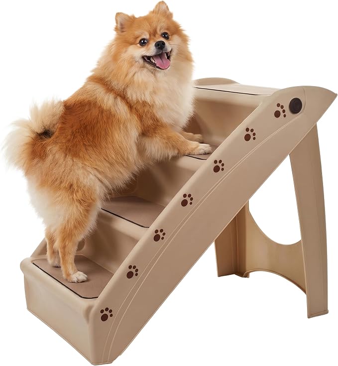 Pet Stairs - Home and Vehicle Foldable Nonslip Dog Steps with 4-Step Design - For Puppies, Kittens, and Other Small Pets by PETMAKER (Tan)