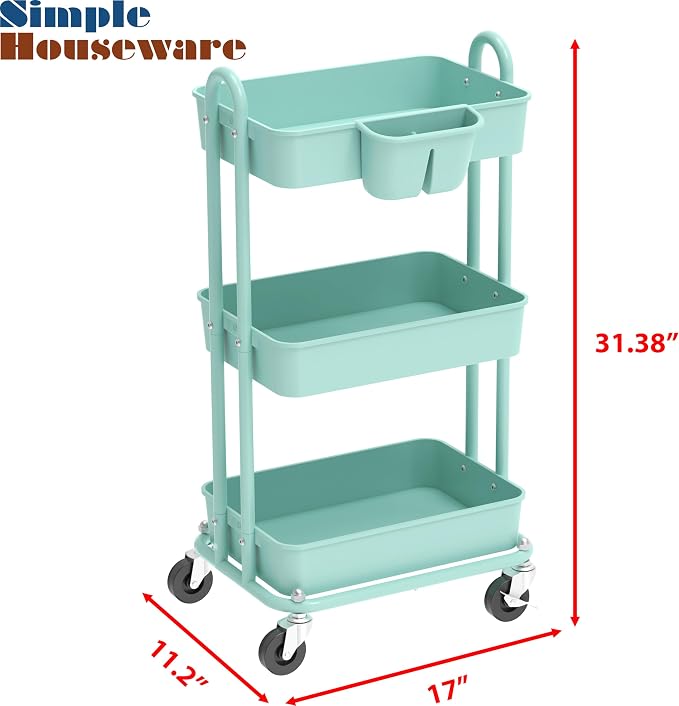 Simple Houseware 3-Tier Rolling Utility Cart with Hanging Bucket, Turquoise | Storage for Bathroom, Kitchen, Office, Study Room, Nursery Diaper