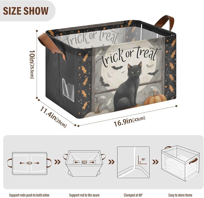 Trick Or Treat Fall Halloween Cat Storage Basket Foldable Cube Storage Bins with Handles&Label Waterproof Organizer Box Bin Large Rectangle Decorative Baskets for Shelves Home Room Laundry, 2 PC