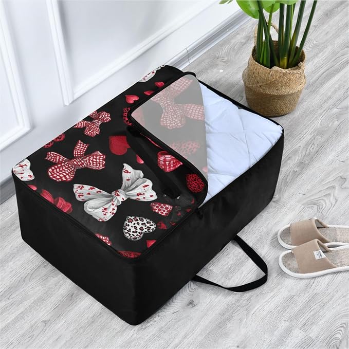 Comforter Storage Bags Large Folding Blanket Organizer Bag with Strong Handles Clear Window Closet Storage Containers for Clothes King Queen Pillows Bedding Quilt Duvet Red Bows Hearts