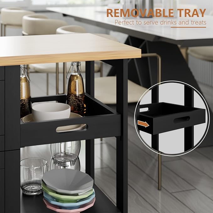 JY QAQA 26" Kitchen Island on Wheels with Storage Cabinet Kitchen Cart Cabinet with Shelves, Cart Handle for Towel Rack or Free Mobility, Portable Islands for Kitchen,Black