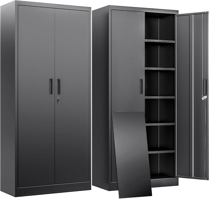 BESFUR Metal Storage Cabinet with 2 Doors and 5 Adjustable Shelves Garage Storage Cabinet with Lock 71" Office Storage Cabinets Locking Cabinets for Garage Office Shop Home (Black)