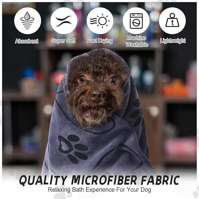 Fanfanwin 4 Pcs Dog Bath Towels Microfiber Drying Dog Towel Absorbent Pet Heart Paw Towels for Medium Dogs Puppy Cats Pets Shower(Gray)