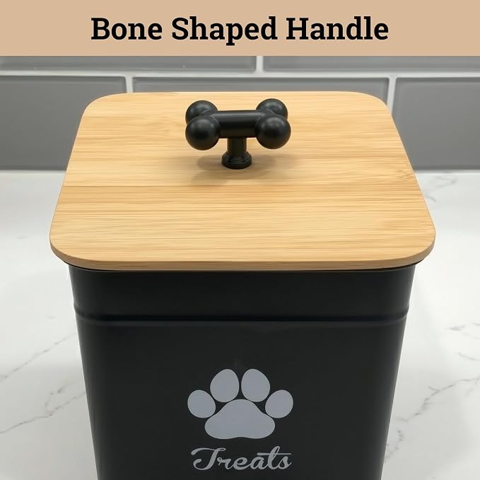 Dog Treat Container Airtight, 6"W x 8"H, Powder Coated, 12 Cup Capacity | Fits All Popular Treats, 12 Cup Capacity, Airtight Bamboo Lid, Easy Open Lid, Dent-Resistant Durable Metal Bone-Shaped Handle