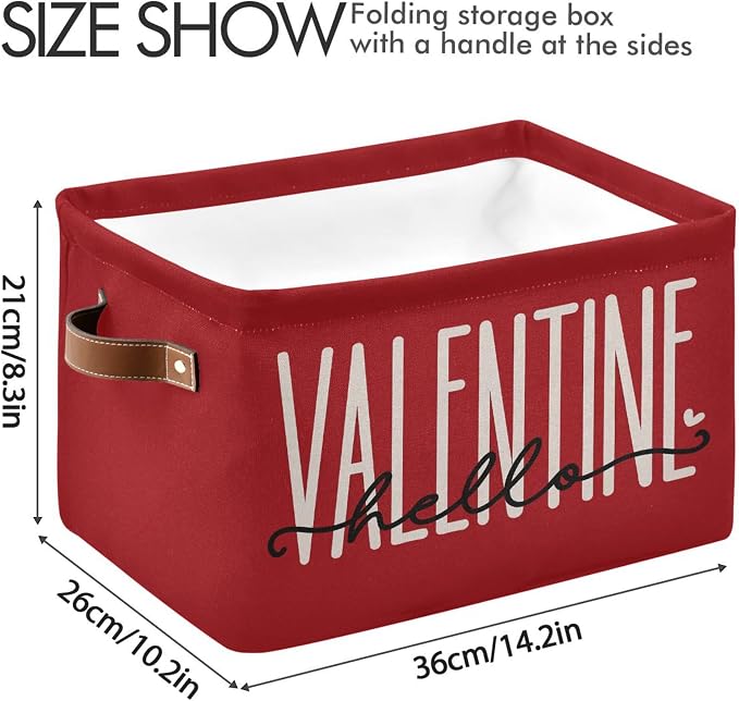 Happy Valentine's Day Red Storage Basket with Waterproof Liner and PU Handles Hello Valentine Love Gift Storage Bins Boxes 14.2" Collapsible Decorative Organizer Baskets for Bedroom Closet 1 Pack