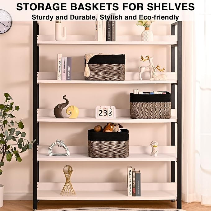 Storage Baskets for Organizing Shelves, Woven Cotton Rope Bins for Organization, Dog Toy Organizer for Shelf Living Room Bedroom, 14.8"×11"×9.5", Pack of 3, Black & Jute