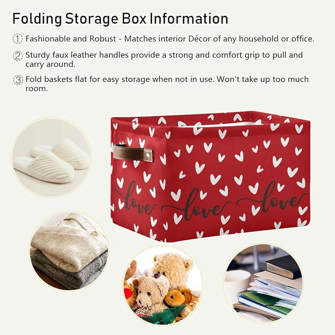 Red White Black Love Heart Storage Basket Fabric Kitchen Baskets Happy Valentine's Mother's Day Open Home Storage Bins Boxes Foldable Organizer Bag Cloth Toy Book Shelf Closet Baskets 16×12×8 Inches