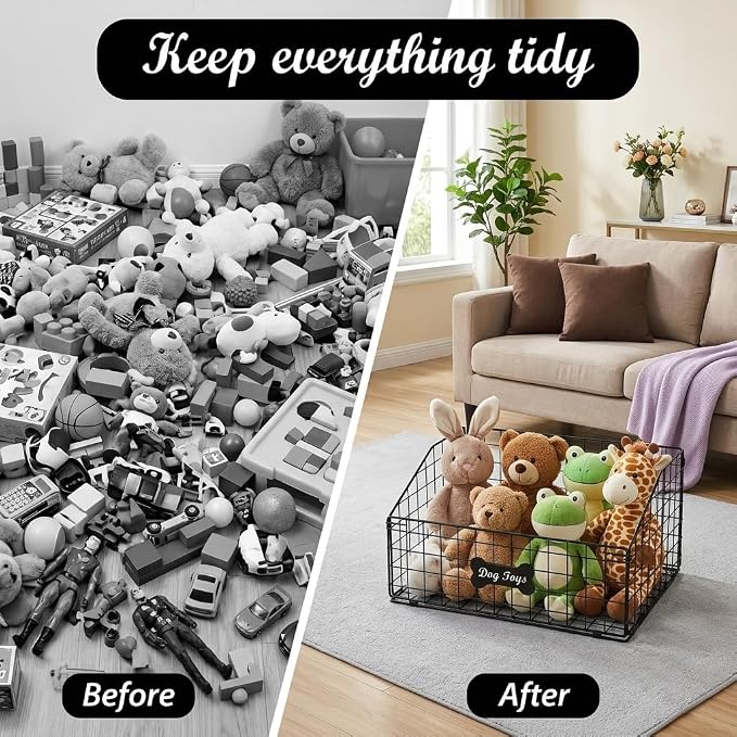 Dog Toy Basket Metal, Chew-Proof Dog Toy Box,Puppy Toy Food Container Bin for Living Room, Black