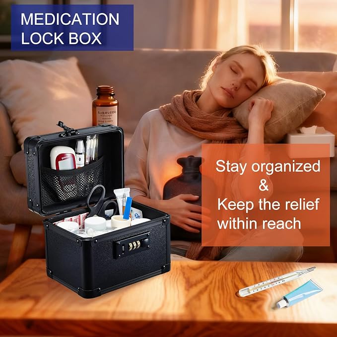 Black Medicine Lock Box - 7" Medication Lock Box & Lockable Storage Box for Personal Items - Secure Medicine Storage Box with 3-Digit Combination Lock - Aluminum Small Lock Box for Home Travel
