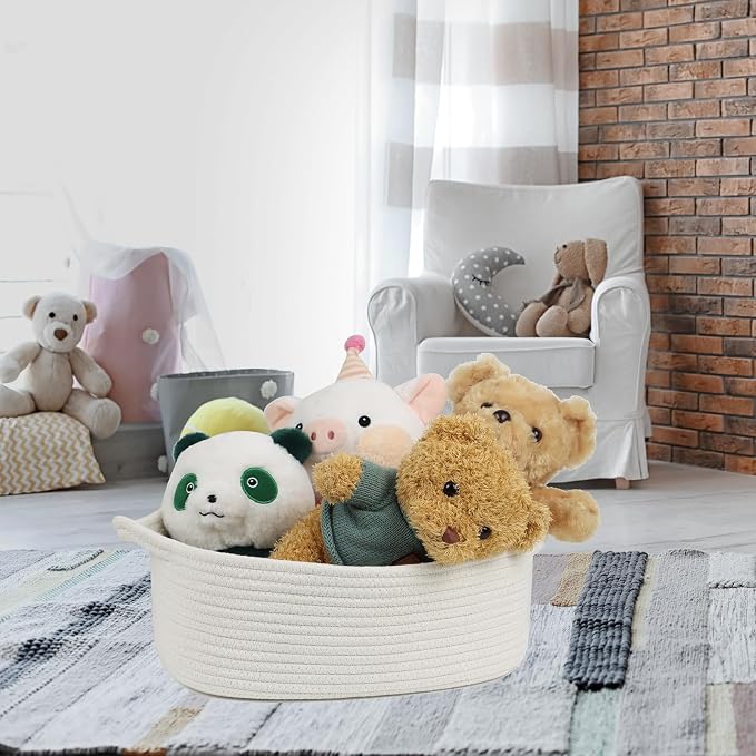 Woven Cotton Rope Storage Basket with Handles, White, 13.5 Inch | Empty Gift Basket, Bathroom and Closet Organizer, Nursery Toy Storage, Decorative Boho Basket, Shelf Storage Bin