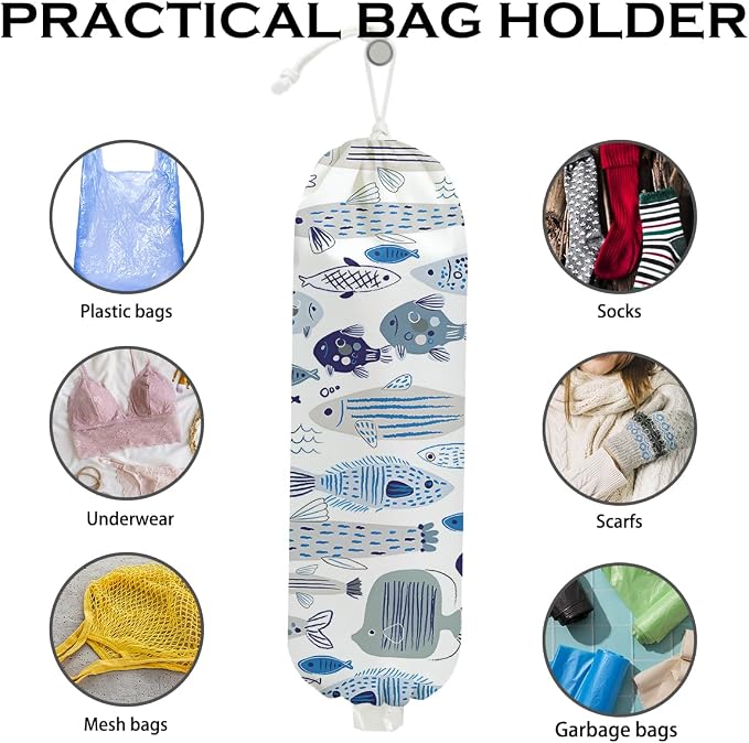 Fish Plastic Bag Holder, Blue Fish Grocery Bag Holder for Plastic Bags | Wall Mount Reusable Shopping Bags Storage Dispenser for Home Pantry Kitchen Farmhouse, Housewarming Gifts for Women Mom