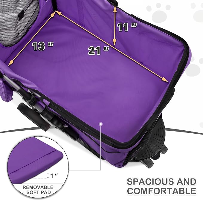 MoNiBloom Pet Stroller for Small/Medium Dogs and Cats up to 33 lbs, Purple | Foldable Dog Stroller 3 Wheels Pet Strolling Cart w/ Storage Basket Cup Holder, Breathable and Visible Mesh for All-Season