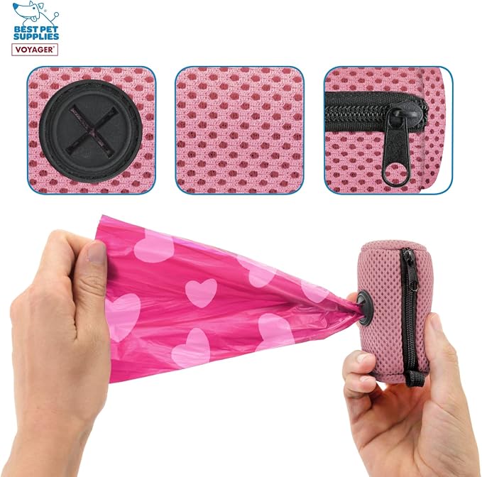Best Pet Supplies Dog Poop Bag Holder Leash Attachment with Reusable Dispenser for Travel, Walking, Park, and Outdoor Use, Durable with Clip-On - Pink, Mesh Dispenser w/15 Bags