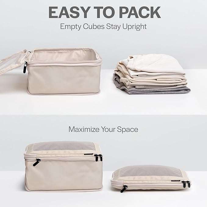 Compression Packing Cubes for Travel - Luggage Organizer Bags - Double Zipper Packing Cubes for Suitcases (12-Pack, Beige)