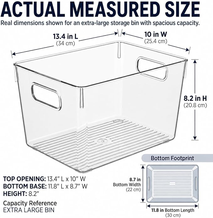 MOONEDGE 6 Pack X-Large Clear Organizer Bins 13x10x8in Storage Containers | Clear Containers for Organizing, Fridge Organizers and Storage, Freezer, Refrigerator, Office Supplies, Craft Room, Laundry