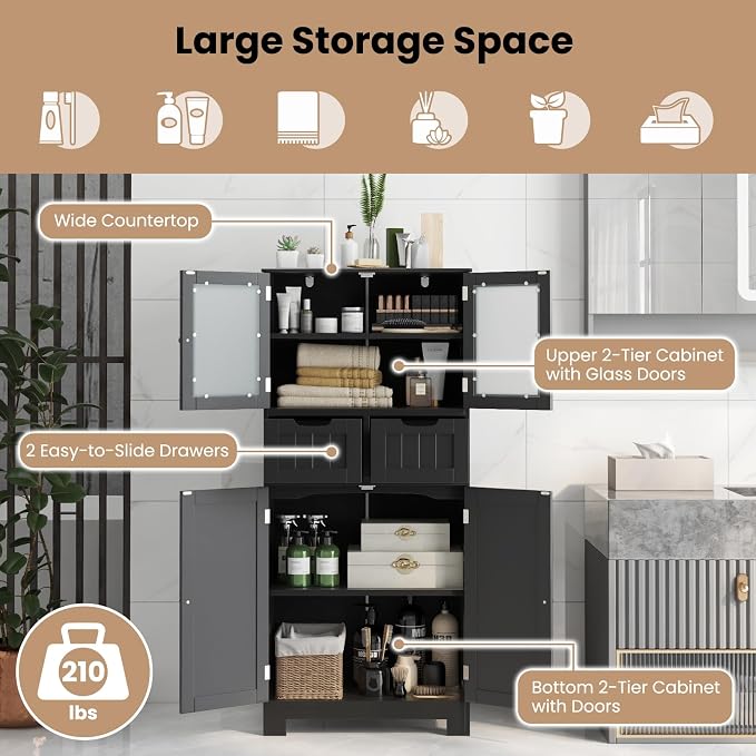 LOKO Bathroom Floor Cabinet, Storage Organizer with Glass Doors, Wooden Kitchen Cupboard with Adjustable Shelf for Living Room (Floor Cabinet with 2 Additional Drawers, Black)