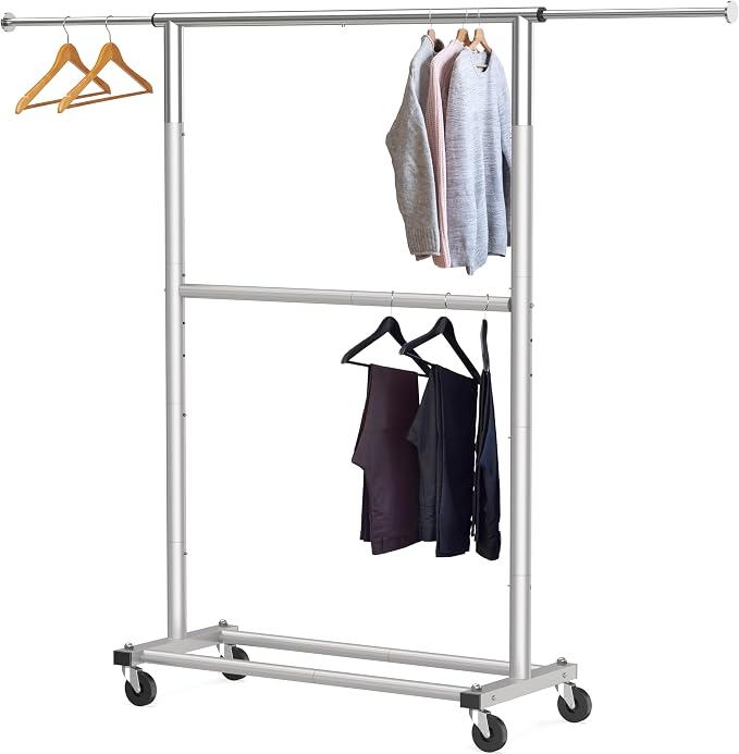 Simple Houseware Double Rod Adjustable Clothing Garment Rack, Grey | Extendable Width from 30 to 48 Inches