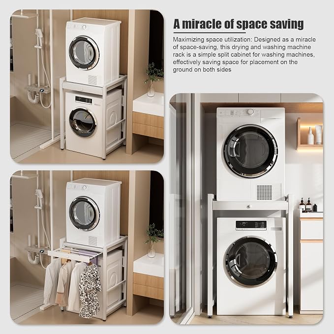 Washer Dryer Stacking Rack, 550lbs Capacity Heavy Duty Washing Machine Storage Utility Rack with Countertop, Height Adjustable Washing Machine Shelf for Laundry Rooms Bathrooms (D)