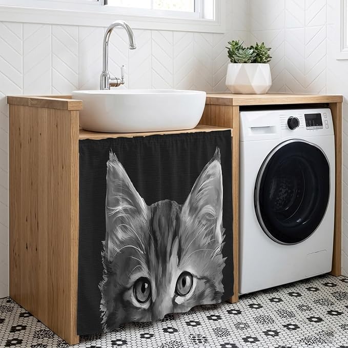 Black Cat Cabinet Curtain 35"Wx35"L, Dustproof Under Sink Skirt with Self Adhesive Tape, Cute Pets Eyes Fur Vintage Oil Painting Cabinet Curtain Cover for Kitchen Sink, Bathroom Vanity, Laundry Room