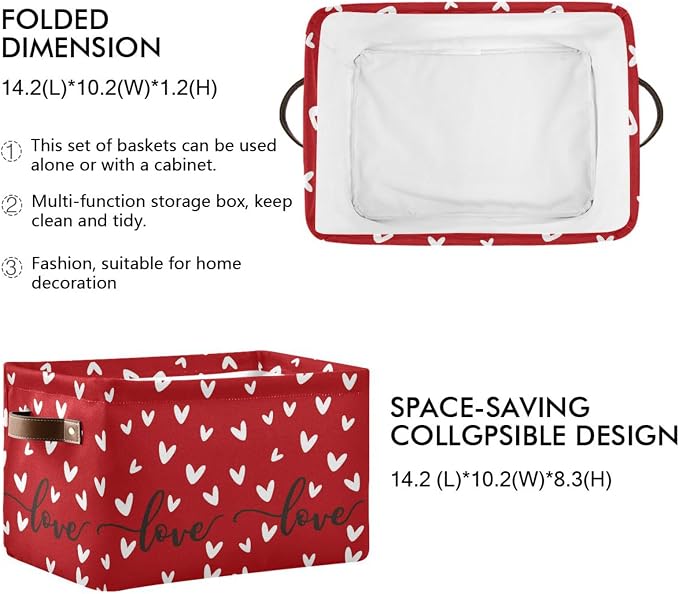 Red White Black Love Heart Storage Basket Fabric Kitchen Baskets Happy Valentine's Mother's Day Open Home Storage Bins Boxes Foldable Organizer Bag Cloth Toy Book Shelf Closet Baskets 16×12×8 Inches