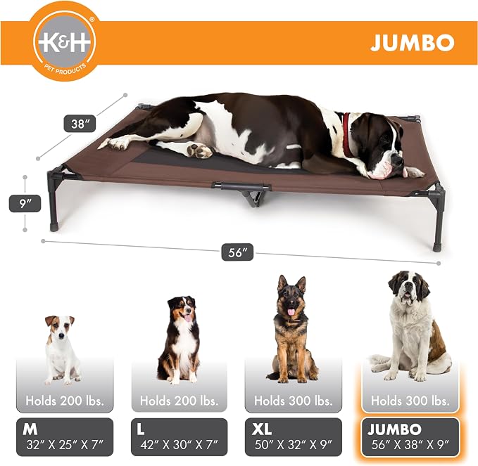 K&H Outdoor Elevated Dog Bed, Cooling Raised Dog Bed, Chocolate, Jumbo | Pet Cot for Extra-Large & Giant Pets, Breathable Mesh Center Hammock Design, Indoor/Outdoor Washable Cover, 56x38in