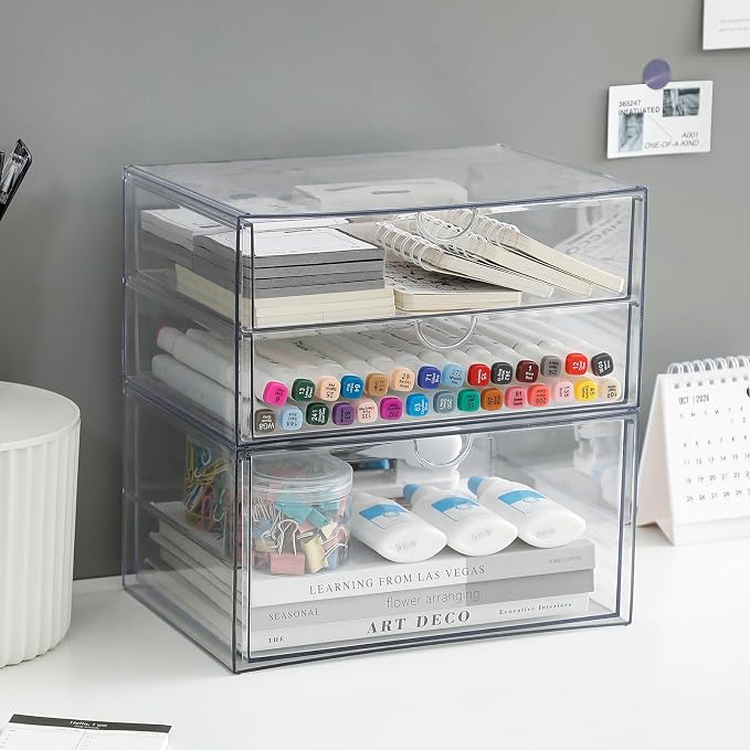 Clear Desk Drawer Organizer, 2 Pack, 3 Drawers | Stackable Desk Organizer and Accessories, For Home Office Supplies, Marker Pen, Art Crafts, Stationery, Coffee Pods