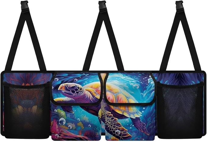 Dreaweet Car Trunk Organizer Back Seat Hanging Storage with 4 Large Pockets,Turtle Car Accessories for Women Men Collapsible Car Seat Back Storage Mesh Net Bag Trunk Organizer for SUV Sedan Trucks Van