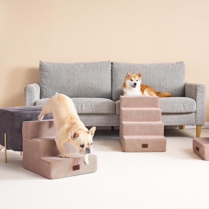 EHEYCIGA Dog Stairs for Small Dogs 13.5" H, 3-Step Dog Steps for Cats, Pink | Pet Steps for Couch Sofa and Chair, Non-Slip Balanced Pet Ramp Indoor