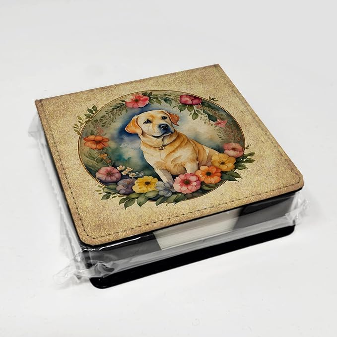 Caroline's Treasures Yellow Labrador Retriever and Flowers PU Leather Note Paper Holder with Artist-Designed Cover, Desk Accessory, Office Gift