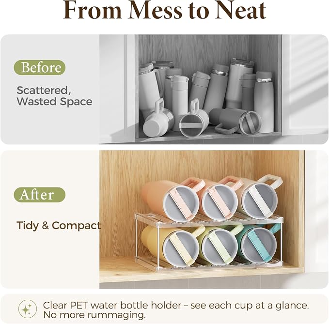 LAMU Stackable Water Bottle Organizer Holder Tumbler Cup Storage Rack | 2 Tier Clear PET Holder for Stanley 16-40oz Large Water Bottle Tumbler Cup Storage for Kitchen Cabinet Pantry Countertop